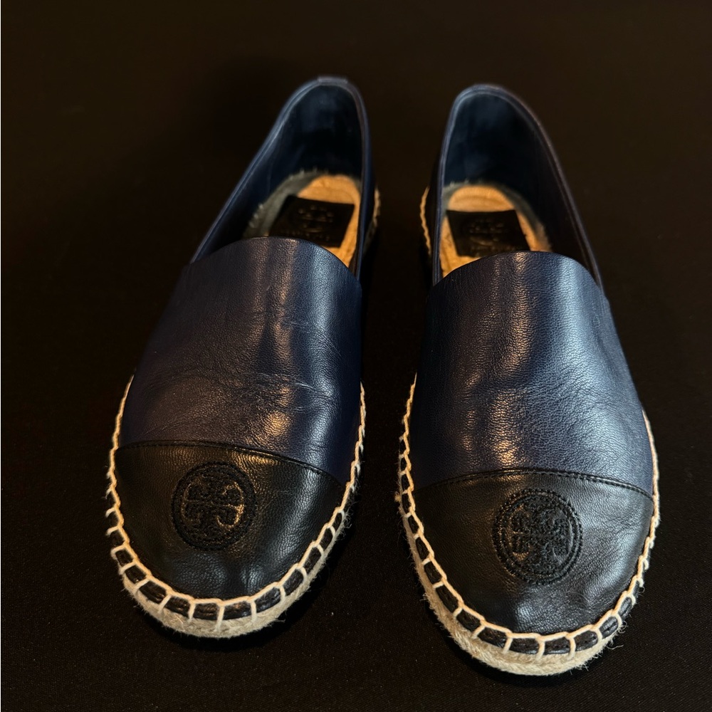 Tory Burch Colorblock Espadrille Flats Leather Navy Black Cap Toe Size 8 - Picture 4 of 9